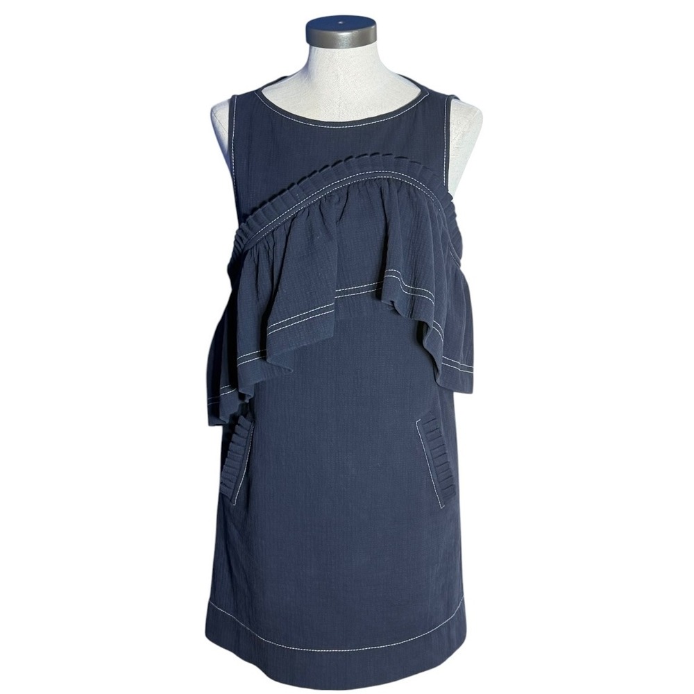 Karen Walker Navy Cotton Ruffle Shift Dress Contrast Stitch 41319B Womens US 4